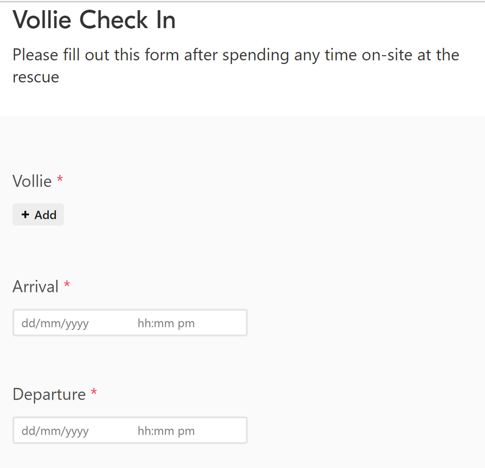 Vollie Check In Form