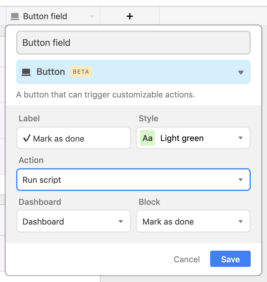 Button field settings_ label, style, action, and more