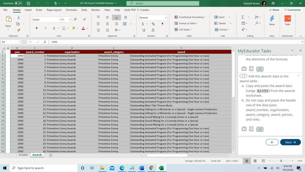 How do I add data (a table with data from Excel) to a table within Airtable 1