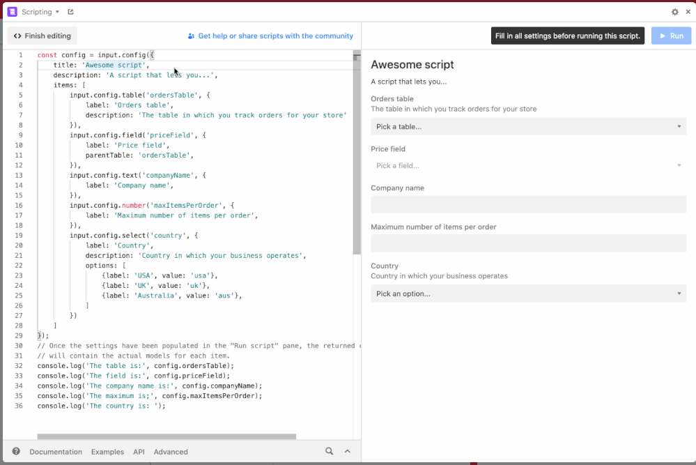 The scripting block auto-generates a form based on settings defined in the script.