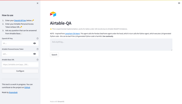 Screenshot of Airtable QnA page. It contains instructions on how to use and input areas to try out the tool.