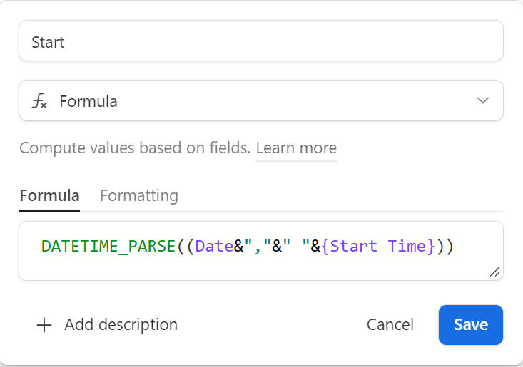 Datetime formula with a nested concatenation of two input fields)