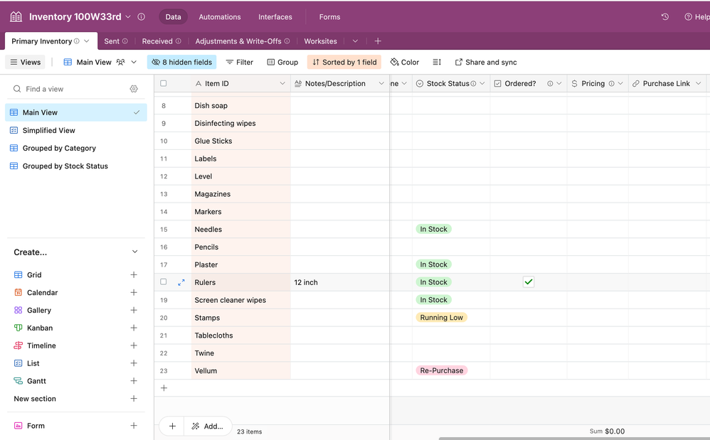 Primary Inventory showing that Rulers have been "ordered". Ideally I can automate a process that unchecks the box when a new order of rulers is unput on the "Receiving" table.