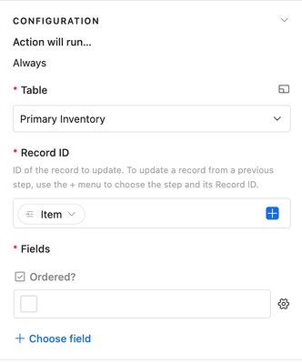 Action: The "Ordered" checkbox is unchecked on the item's record in the "Primary Inventory" table