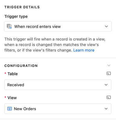 Trigger: When an item is added to the "Received" table that is not a return, it enters the "New Orders" view via filter