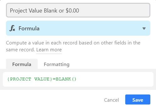 Project Value Blank or $0.00