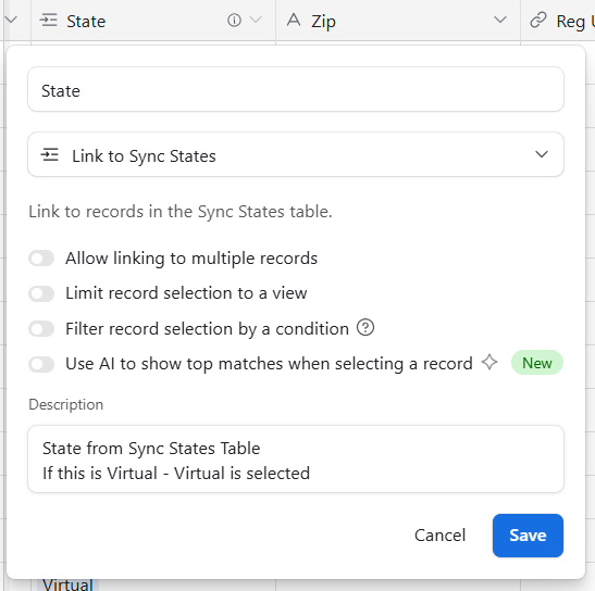 State Field - Link to Sync