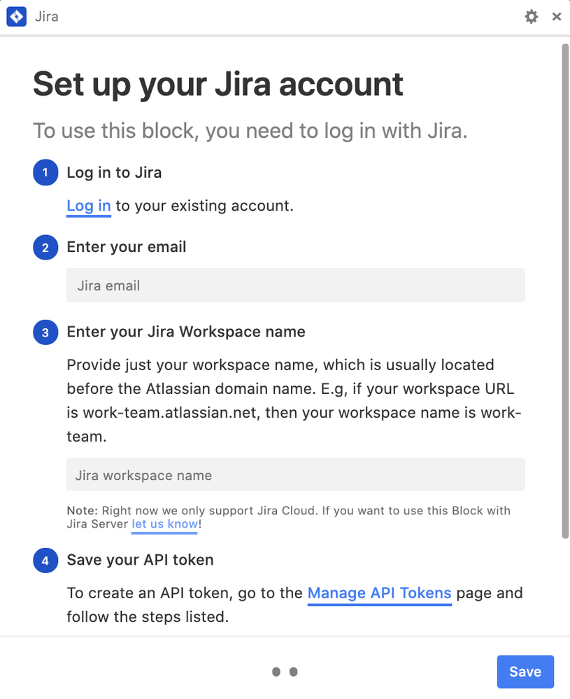 Jira block - set up page